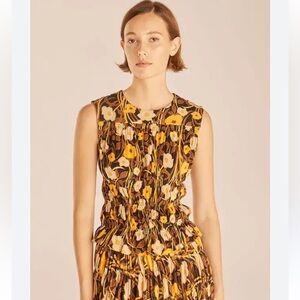 Rebecca Taylor Yellow and Brown Floral Daphne Fleur Mesh Shell Size Small